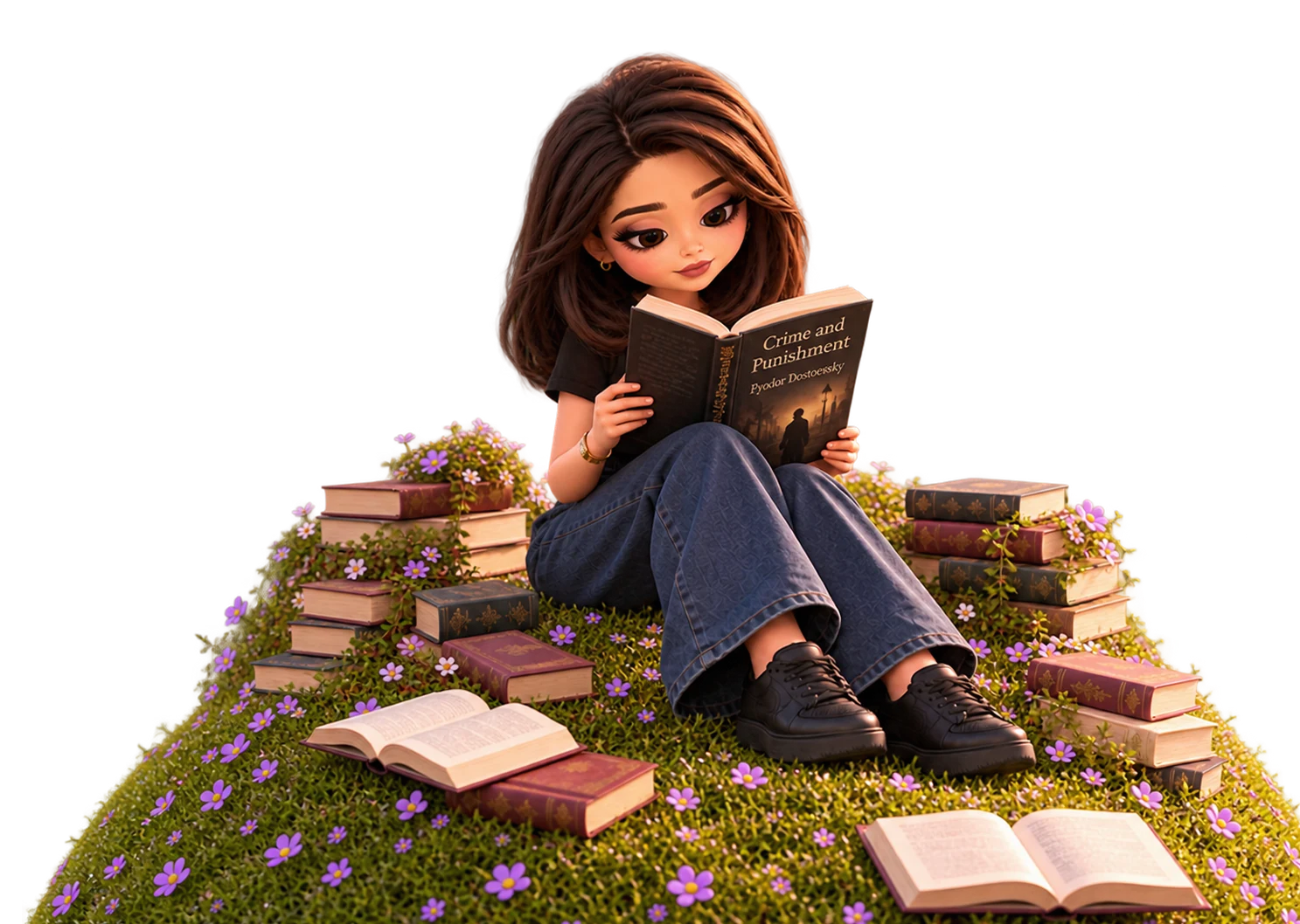 Sima's doll reading Crime and Punishment on a flowery hill, surrounded by stacks of books