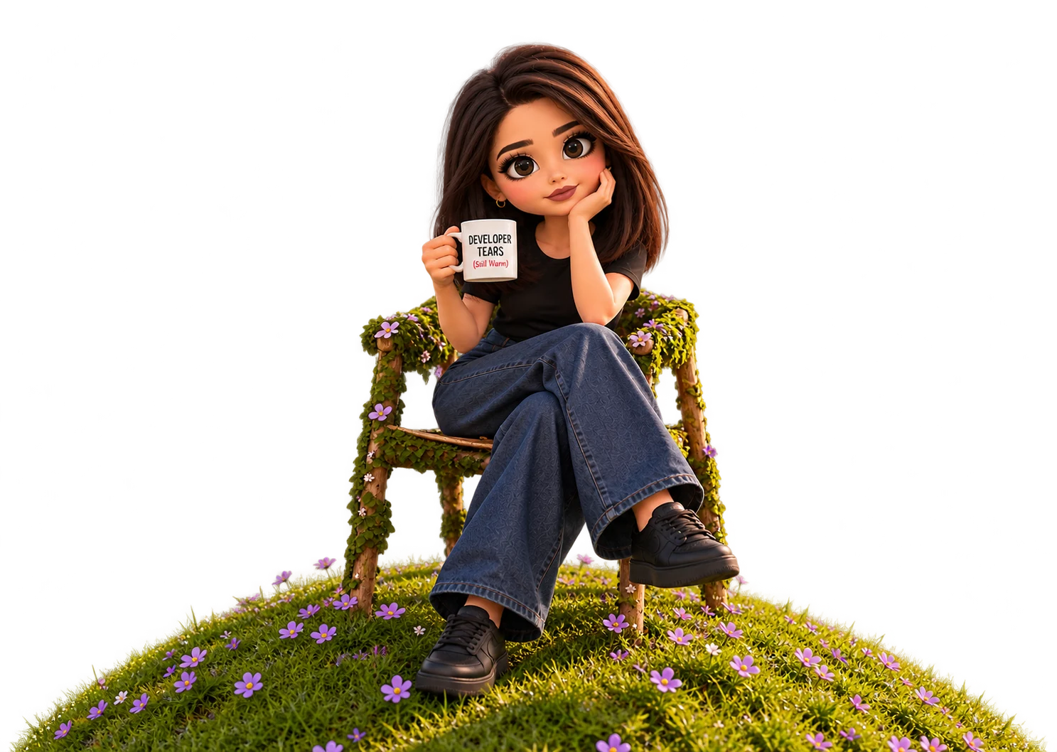 Sima's doll sitting on a mossy chair on a grassy hill, holding a mug that says Developer Tears (Still Warm)