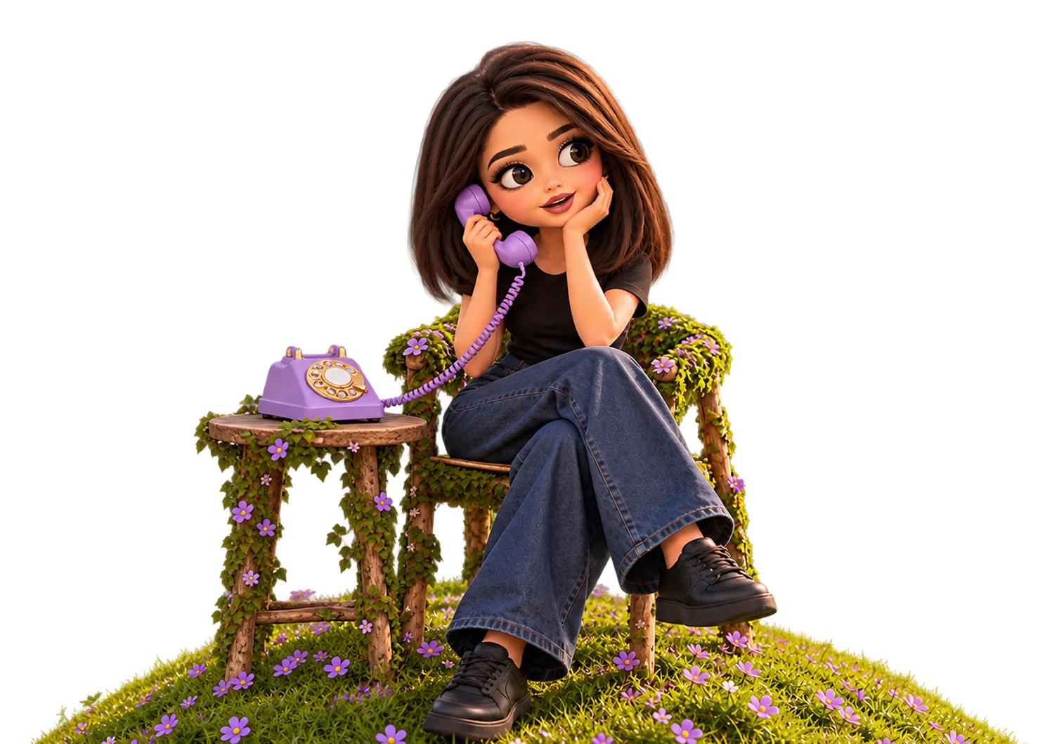 Sima's doll chatting on a lilac rotary phone in her mossy chair on a grassy hill