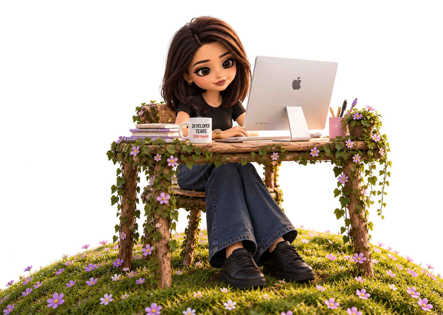Sima's doll working at her iMac on a mossy wooden desk on a grassy hill, a steaming Developer Tears mug beside her